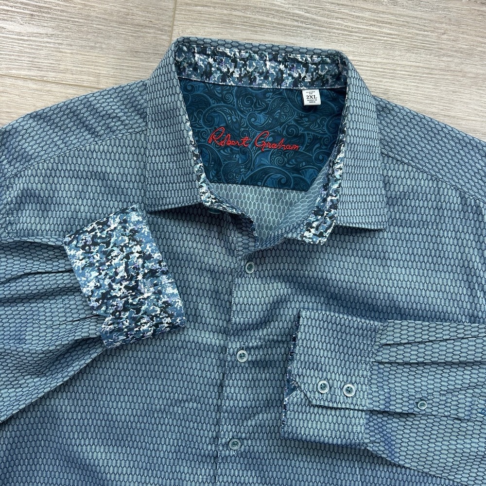Robert Graham 2XL Classic Fit Long Sleeve Shirt Blue Geometric Cotton Flip Cuff